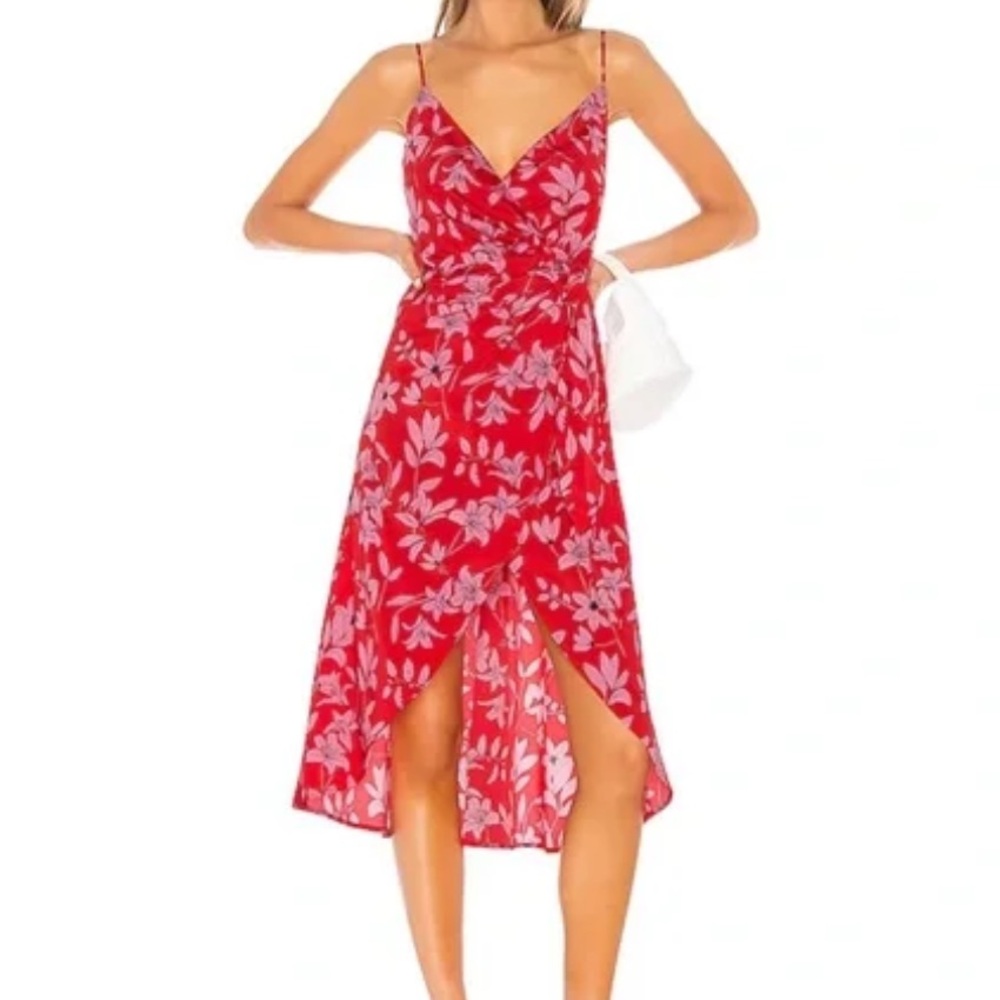 Camila Coelho Robbie midi Red Floral Wrap Midi Dress with Spaghetti Straps XS